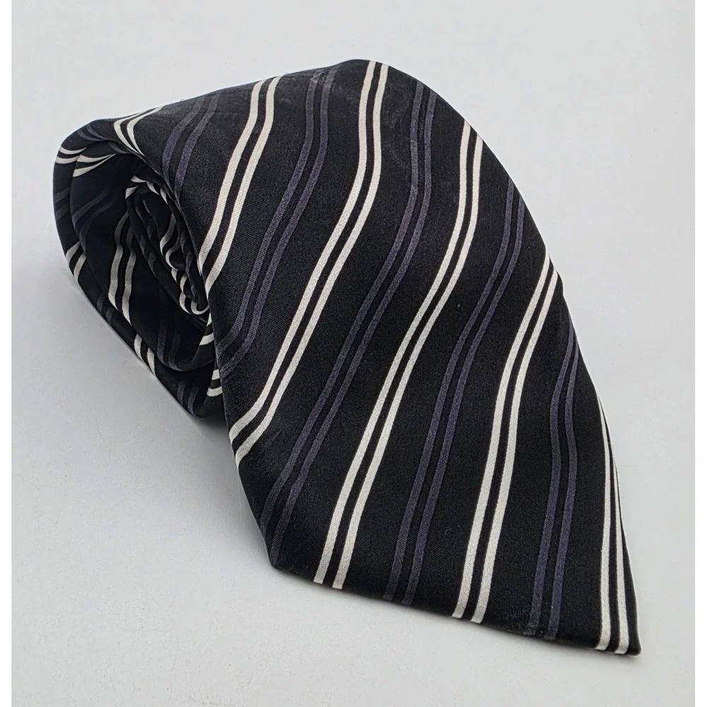 Bernini Platinum Silk Necktie Black White Grey Diagonal Stripe Hand Made NWT